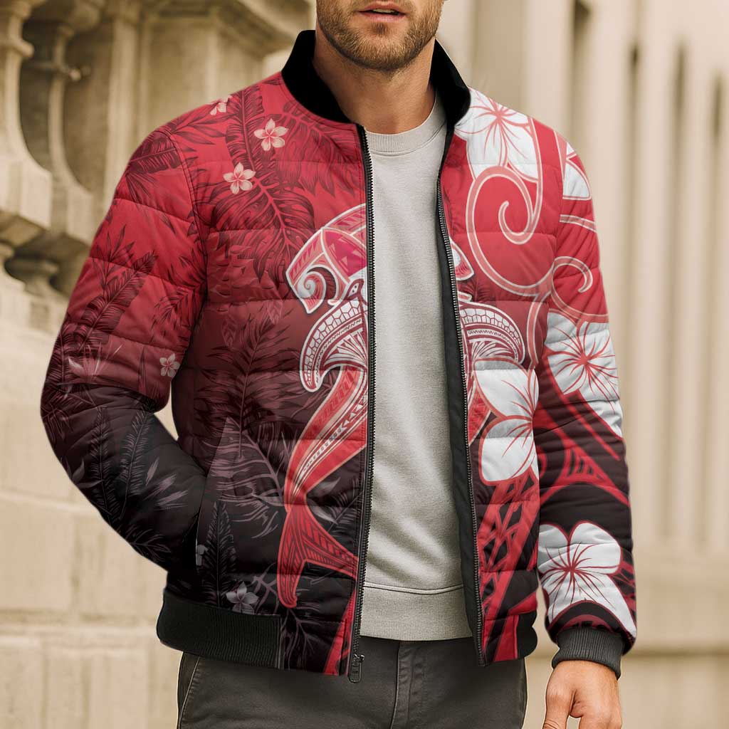 Polynesia Hammerhead Shark Bomber Puffer Jacket Red Tribal Pattern With Plumeria - Polynesian Pride