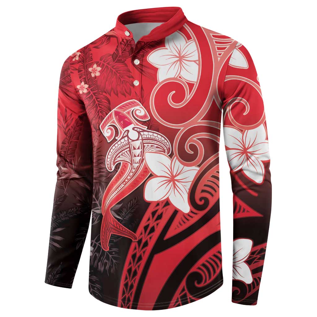 Polynesia Hammerhead Shark Button Sweatshirt Red Tribal Pattern With Plumeria LT05 - Polynesian Pride