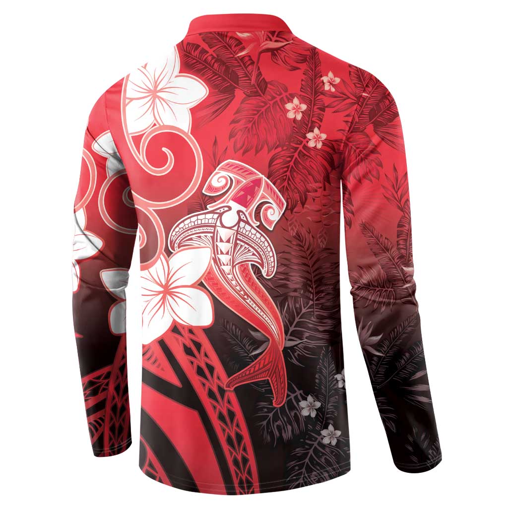 Polynesia Hammerhead Shark Button Sweatshirt Red Tribal Pattern With Plumeria LT05 - Polynesian Pride