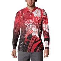Polynesia Hammerhead Shark Button Sweatshirt Red Tribal Pattern With Plumeria LT05 - Polynesian Pride
