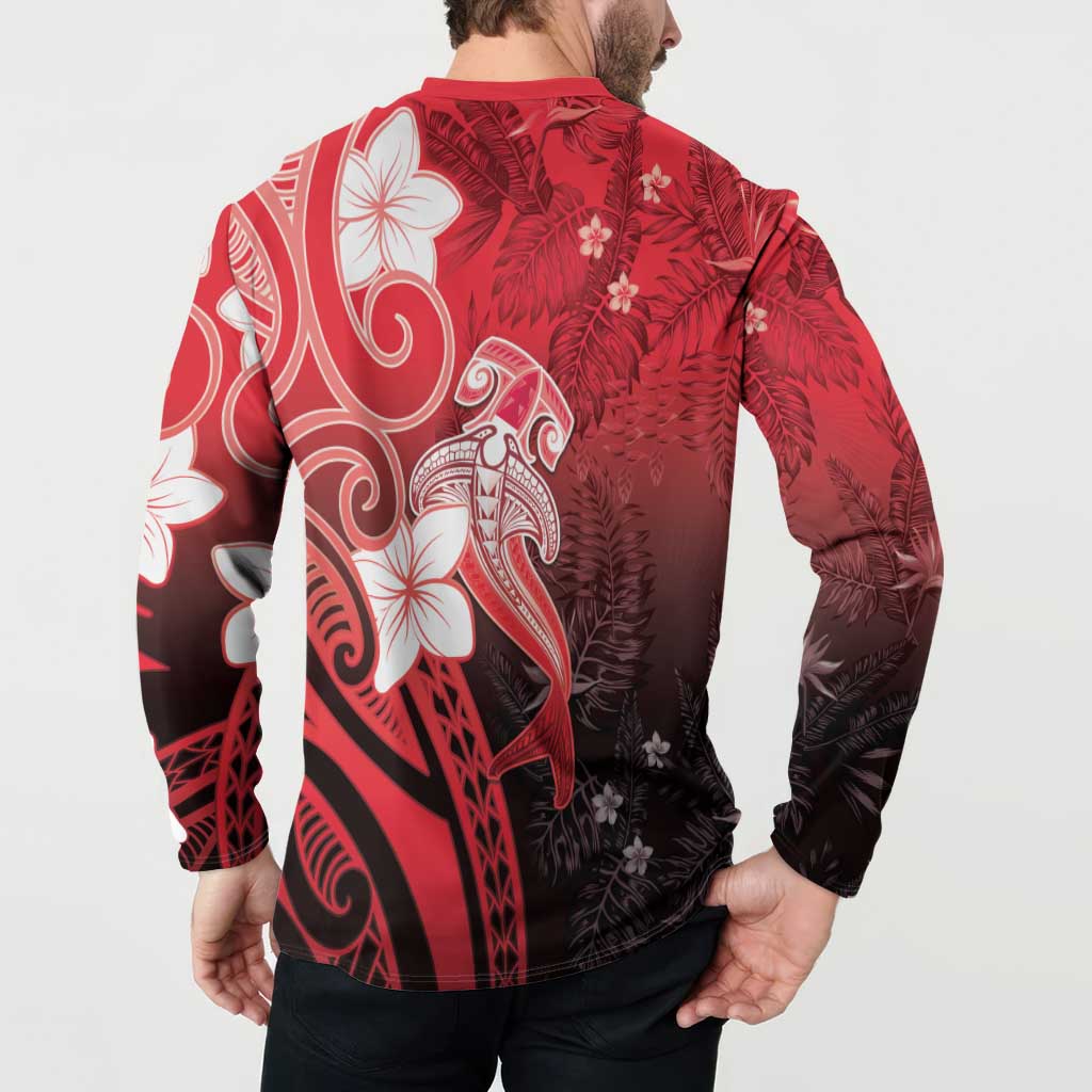 Polynesia Hammerhead Shark Button Sweatshirt Red Tribal Pattern With Plumeria LT05 - Polynesian Pride
