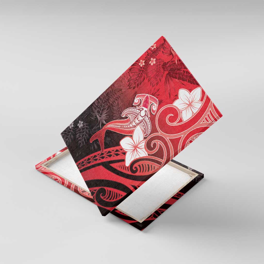 Polynesia Hammerhead Shark Canvas Wall Art Red Tribal Pattern With Plumeria LT05 With Frame Red - Polynesian Pride