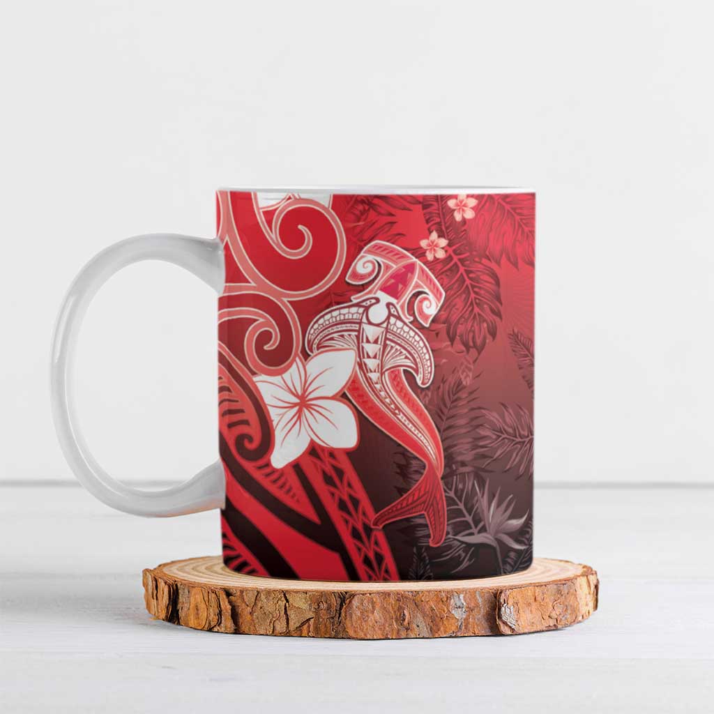 Polynesia Hammerhead Shark Ceramic Mug Red Tribal Pattern With Plumeria - Polynesian Pride