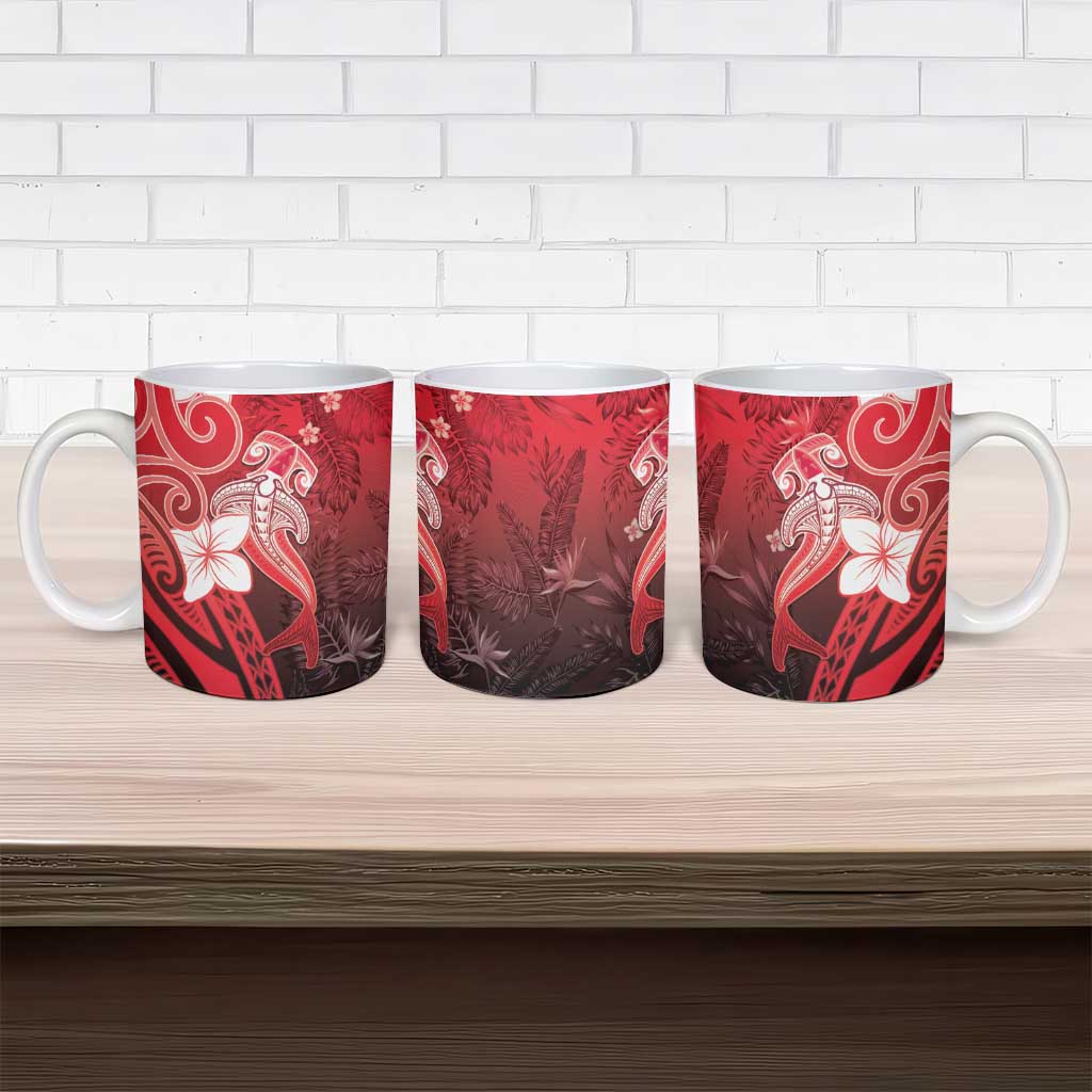 Polynesia Hammerhead Shark Ceramic Mug Red Tribal Pattern With Plumeria - Polynesian Pride
