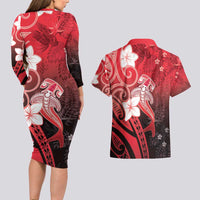 Polynesia Hammerhead Shark Couples Matching Long Sleeve Bodycon Dress and Hawaiian Shirt Red Tribal Pattern With Plumeria LT05 - Polynesian Pride