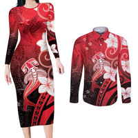 Polynesia Hammerhead Shark Couples Matching Long Sleeve Bodycon Dress and Long Sleeve Button Shirt Red Tribal Pattern With Plumeria LT05 Red - Polynesian Pride