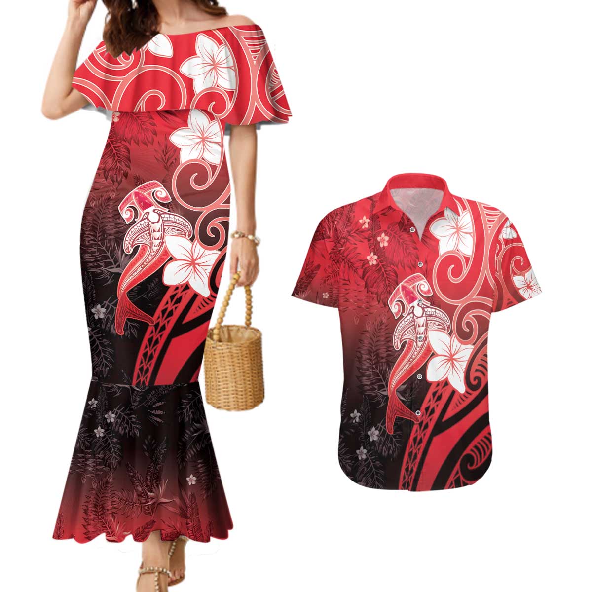 Polynesia Hammerhead Shark Couples Matching Mermaid Dress and Hawaiian Shirt Red Tribal Pattern With Plumeria LT05 Red - Polynesian Pride