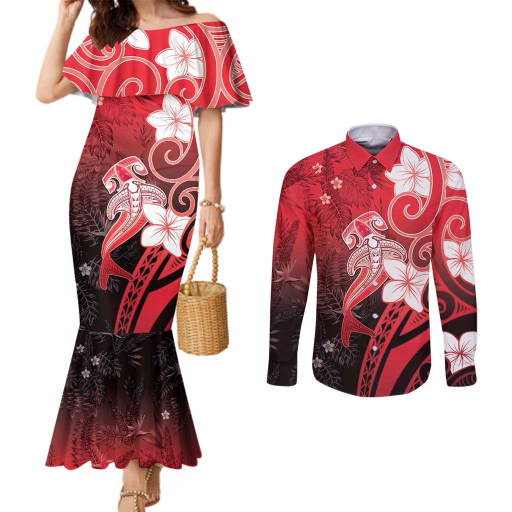 Polynesia Hammerhead Shark Couples Matching Mermaid Dress and Long Sleeve Button Shirt Red Tribal Pattern With Plumeria LT05 Red - Polynesian Pride