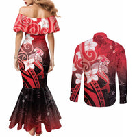Polynesia Hammerhead Shark Couples Matching Mermaid Dress and Long Sleeve Button Shirt Red Tribal Pattern With Plumeria LT05 - Polynesian Pride
