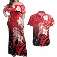Polynesia Hammerhead Shark Couples Matching Off Shoulder Maxi Dress and Hawaiian Shirt Red Tribal Pattern With Plumeria LT05 Red - Polynesian Pride