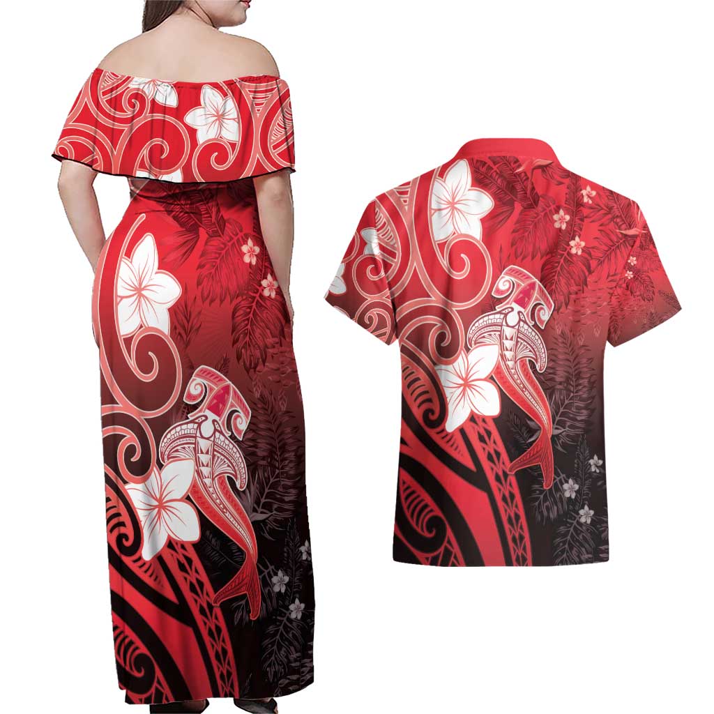Polynesia Hammerhead Shark Couples Matching Off Shoulder Maxi Dress and Hawaiian Shirt Red Tribal Pattern With Plumeria LT05 - Polynesian Pride