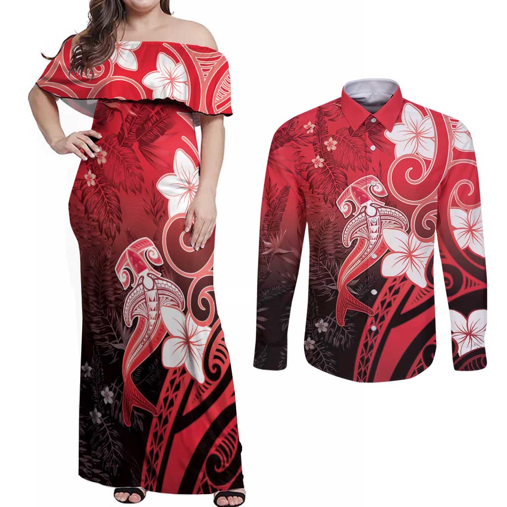 Polynesia Hammerhead Shark Couples Matching Off Shoulder Maxi Dress and Long Sleeve Button Shirt Red Tribal Pattern With Plumeria LT05 Red - Polynesian Pride