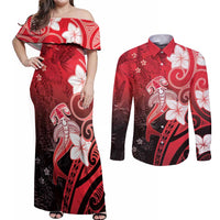 Polynesia Hammerhead Shark Couples Matching Off Shoulder Maxi Dress and Long Sleeve Button Shirt Red Tribal Pattern With Plumeria LT05 Red - Polynesian Pride