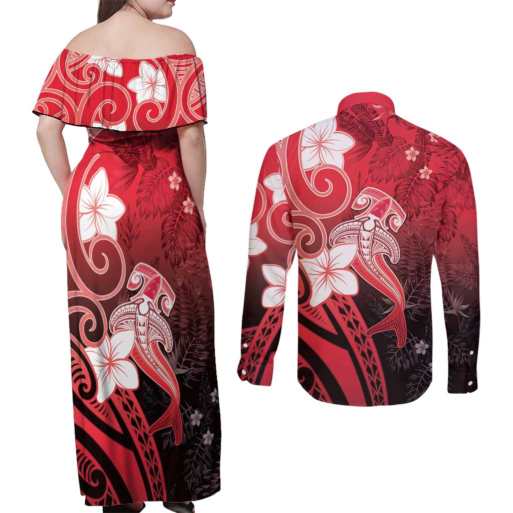 Polynesia Hammerhead Shark Couples Matching Off Shoulder Maxi Dress and Long Sleeve Button Shirt Red Tribal Pattern With Plumeria LT05 - Polynesian Pride