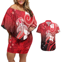 Polynesia Hammerhead Shark Couples Matching Off Shoulder Short Dress and Hawaiian Shirt Red Tribal Pattern With Plumeria LT05 Red - Polynesian Pride