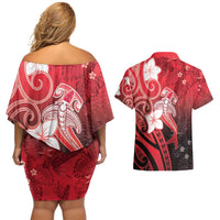 Polynesia Hammerhead Shark Couples Matching Off Shoulder Short Dress and Hawaiian Shirt Red Tribal Pattern With Plumeria LT05 - Polynesian Pride