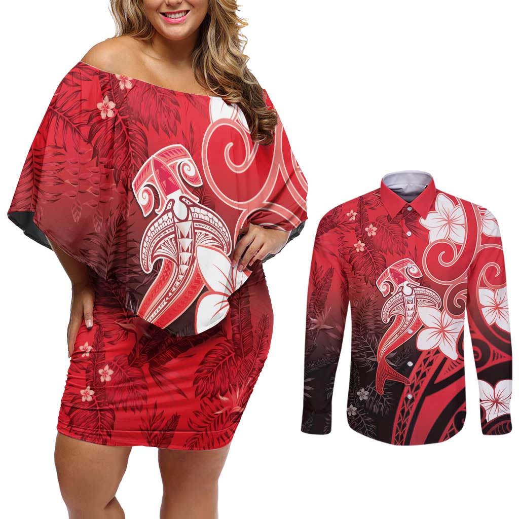 Polynesia Hammerhead Shark Couples Matching Off Shoulder Short Dress and Long Sleeve Button Shirt Red Tribal Pattern With Plumeria LT05 Red - Polynesian Pride