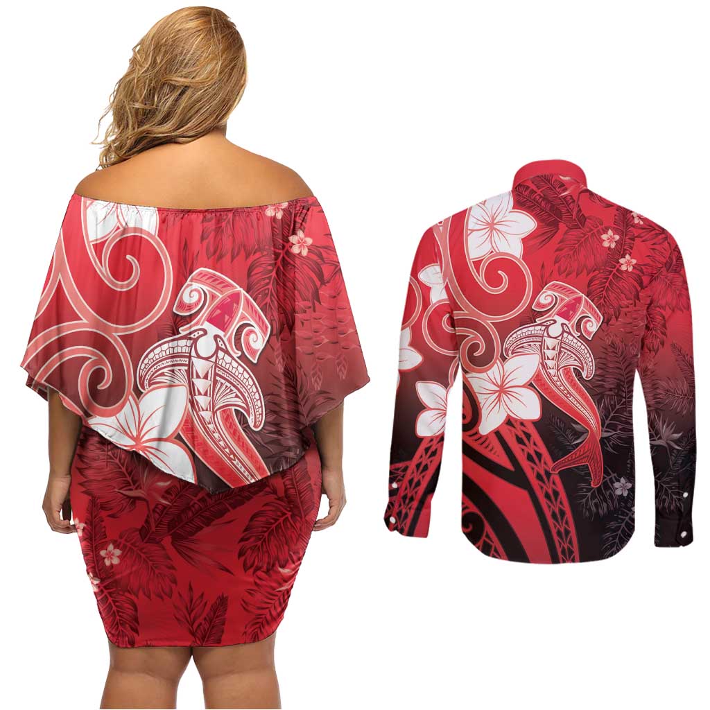 Polynesia Hammerhead Shark Couples Matching Off Shoulder Short Dress and Long Sleeve Button Shirt Red Tribal Pattern With Plumeria LT05 - Polynesian Pride