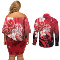 Polynesia Hammerhead Shark Couples Matching Off Shoulder Short Dress and Long Sleeve Button Shirt Red Tribal Pattern With Plumeria LT05 - Polynesian Pride