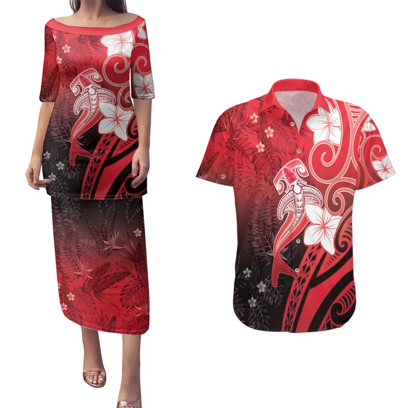 Polynesia Hammerhead Shark Couples Matching Puletasi and Hawaiian Shirt Red Tribal Pattern With Plumeria LT05 Red - Polynesian Pride