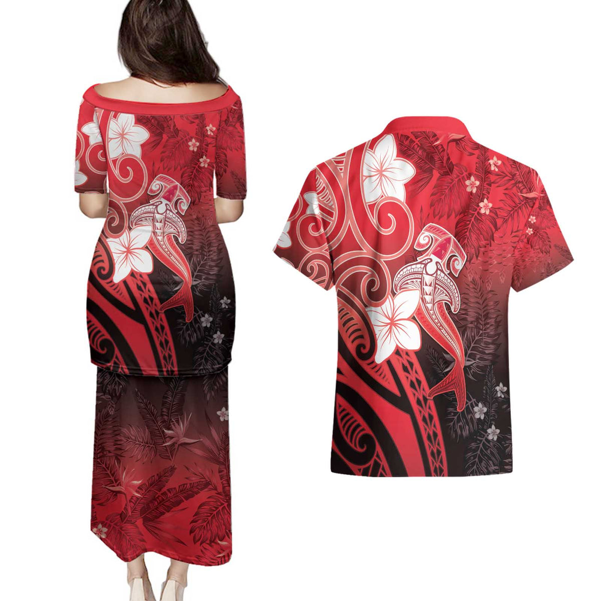 Polynesia Hammerhead Shark Couples Matching Puletasi and Hawaiian Shirt Red Tribal Pattern With Plumeria - Polynesian Pride