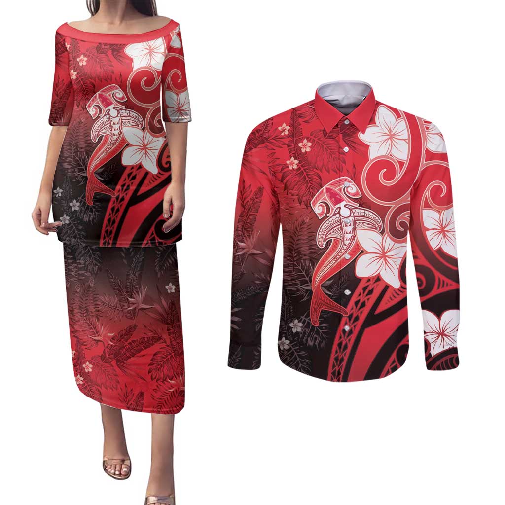 Polynesia Hammerhead Shark Couples Matching Puletasi and Long Sleeve Button Shirt Red Tribal Pattern With Plumeria LT05 Red - Polynesian Pride