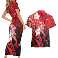 Polynesia Hammerhead Shark Couples Matching Short Sleeve Bodycon Dress and Hawaiian Shirt Red Tribal Pattern With Plumeria LT05 - Polynesian Pride