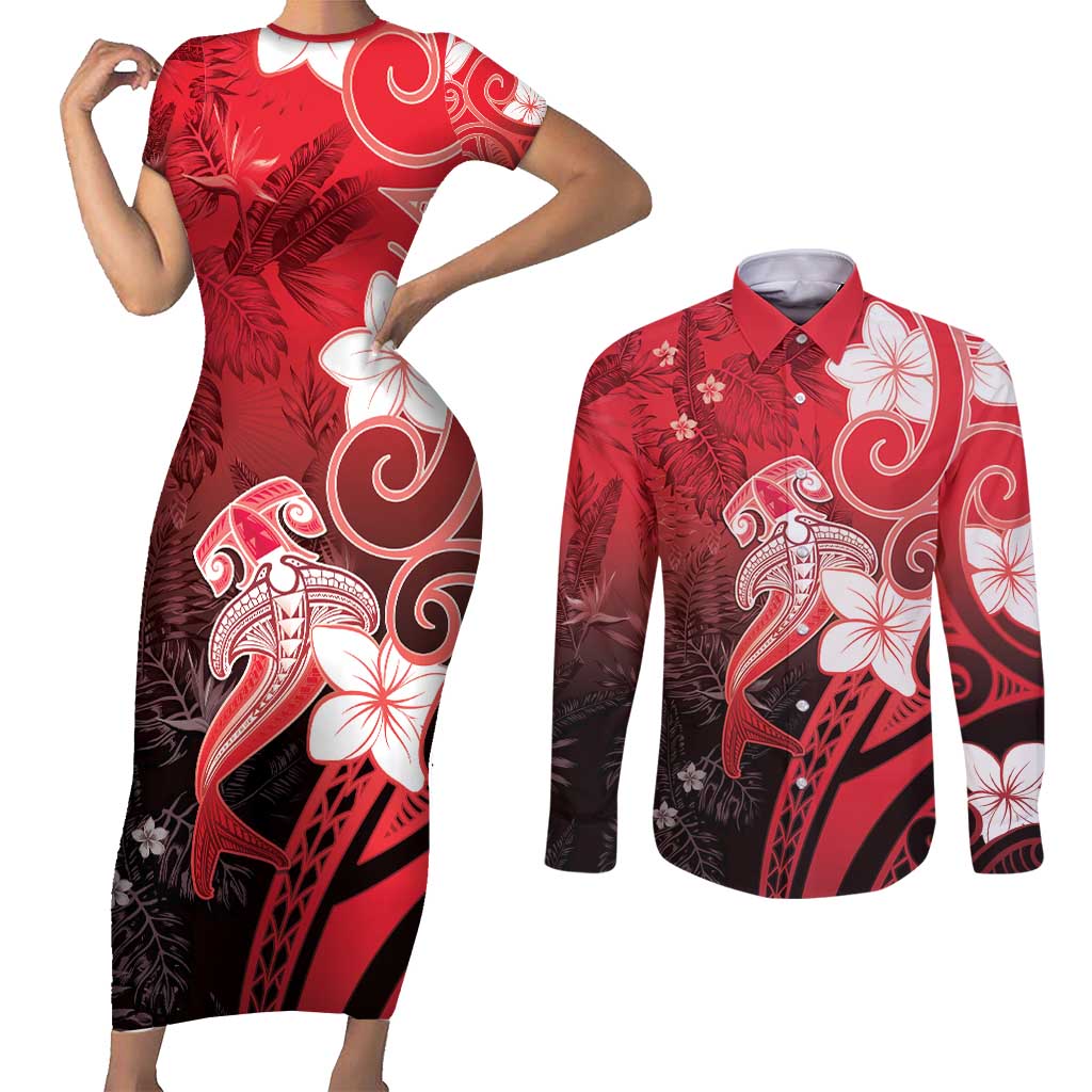 Polynesia Hammerhead Shark Couples Matching Short Sleeve Bodycon Dress and Long Sleeve Button Shirt Red Tribal Pattern With Plumeria LT05 Red - Polynesian Pride