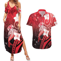 Polynesia Hammerhead Shark Couples Matching Summer Maxi Dress and Hawaiian Shirt Red Tribal Pattern With Plumeria - Polynesian Pride