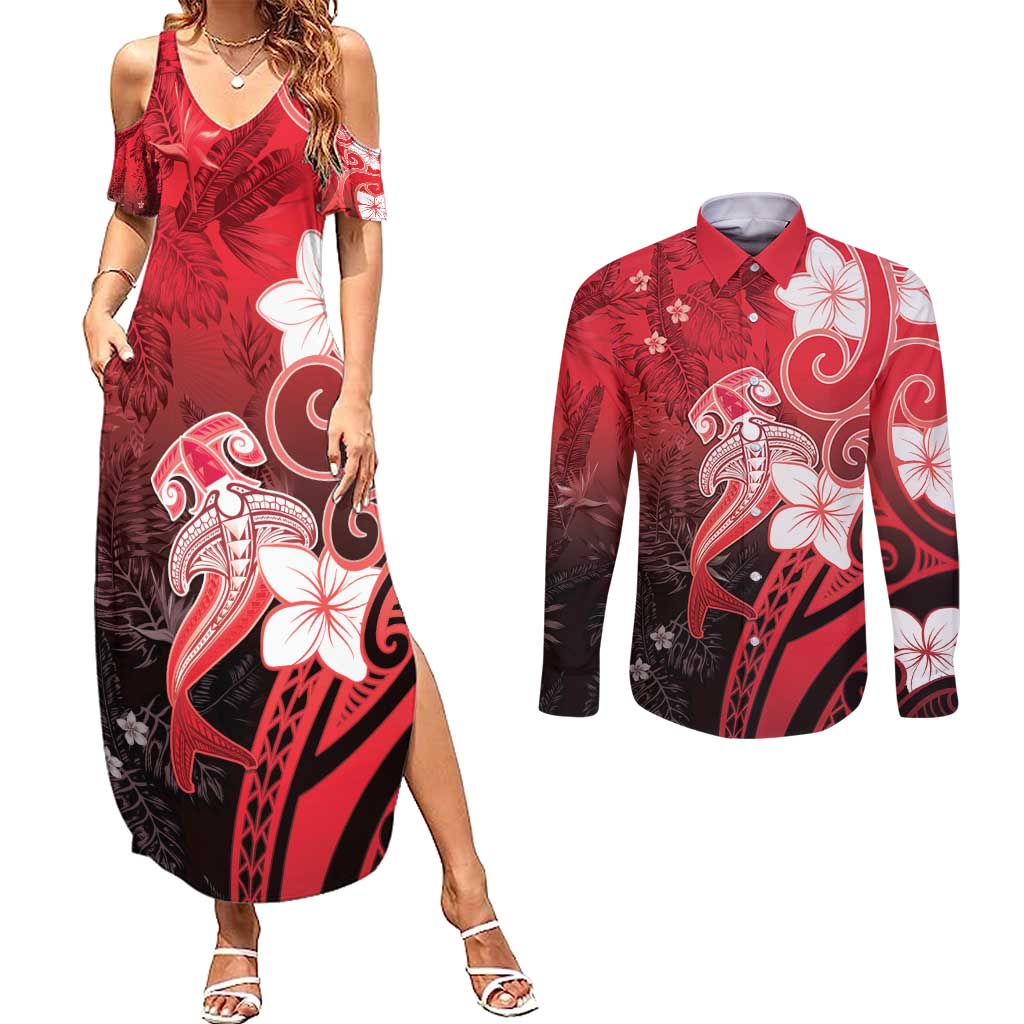 Polynesia Hammerhead Shark Couples Matching Summer Maxi Dress and Long Sleeve Button Shirt Red Tribal Pattern With Plumeria LT05 Red - Polynesian Pride