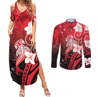 Polynesia Hammerhead Shark Couples Matching Summer Maxi Dress and Long Sleeve Button Shirt Red Tribal Pattern With Plumeria LT05 Red - Polynesian Pride