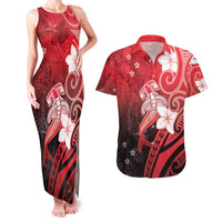 Polynesia Hammerhead Shark Couples Matching Tank Maxi Dress and Hawaiian Shirt Red Tribal Pattern With Plumeria LT05 Red - Polynesian Pride