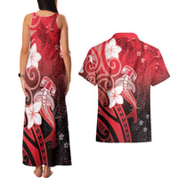 Polynesia Hammerhead Shark Couples Matching Tank Maxi Dress and Hawaiian Shirt Red Tribal Pattern With Plumeria LT05 - Polynesian Pride