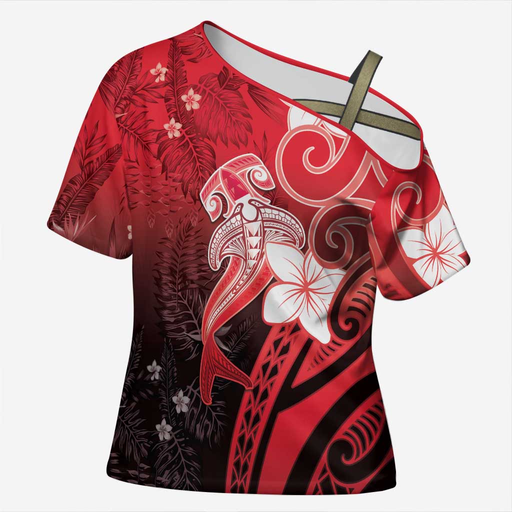 Polynesia Hammerhead Shark Cross Shoulder Shirt Red Tribal Pattern With Plumeria - Polynesian Pride