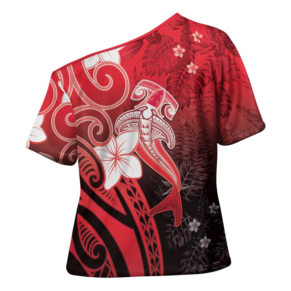 Polynesia Hammerhead Shark Cross Shoulder Shirt Red Tribal Pattern With Plumeria - Polynesian Pride