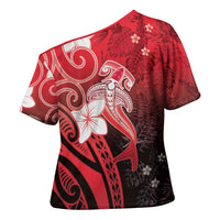 Polynesia Hammerhead Shark Cross Shoulder Shirt Red Tribal Pattern With Plumeria - Polynesian Pride