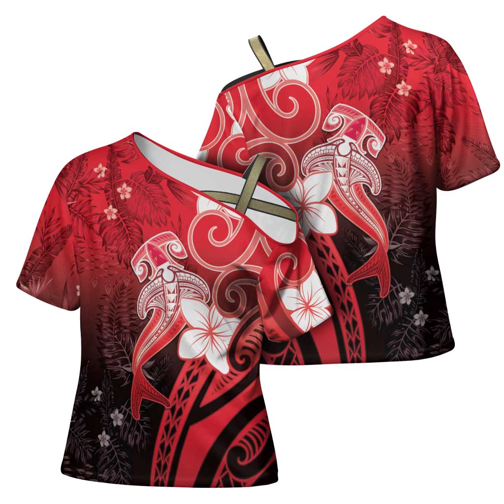 Polynesia Hammerhead Shark Cross Shoulder Shirt Red Tribal Pattern With Plumeria - Polynesian Pride