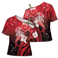 Polynesia Hammerhead Shark Cross Shoulder Shirt Red Tribal Pattern With Plumeria - Polynesian Pride