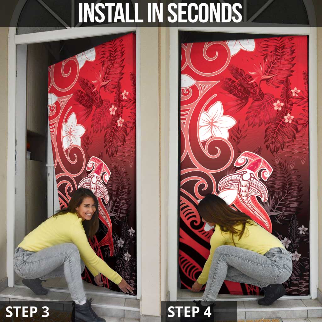 Polynesia Hammerhead Shark Door Cover Red Tribal Pattern With Plumeria - Polynesian Pride