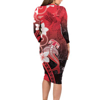 Polynesia Hammerhead Shark Family Matching Long Sleeve Bodycon Dress and Hawaiian Shirt Red Tribal Pattern With Plumeria - Polynesian Pride