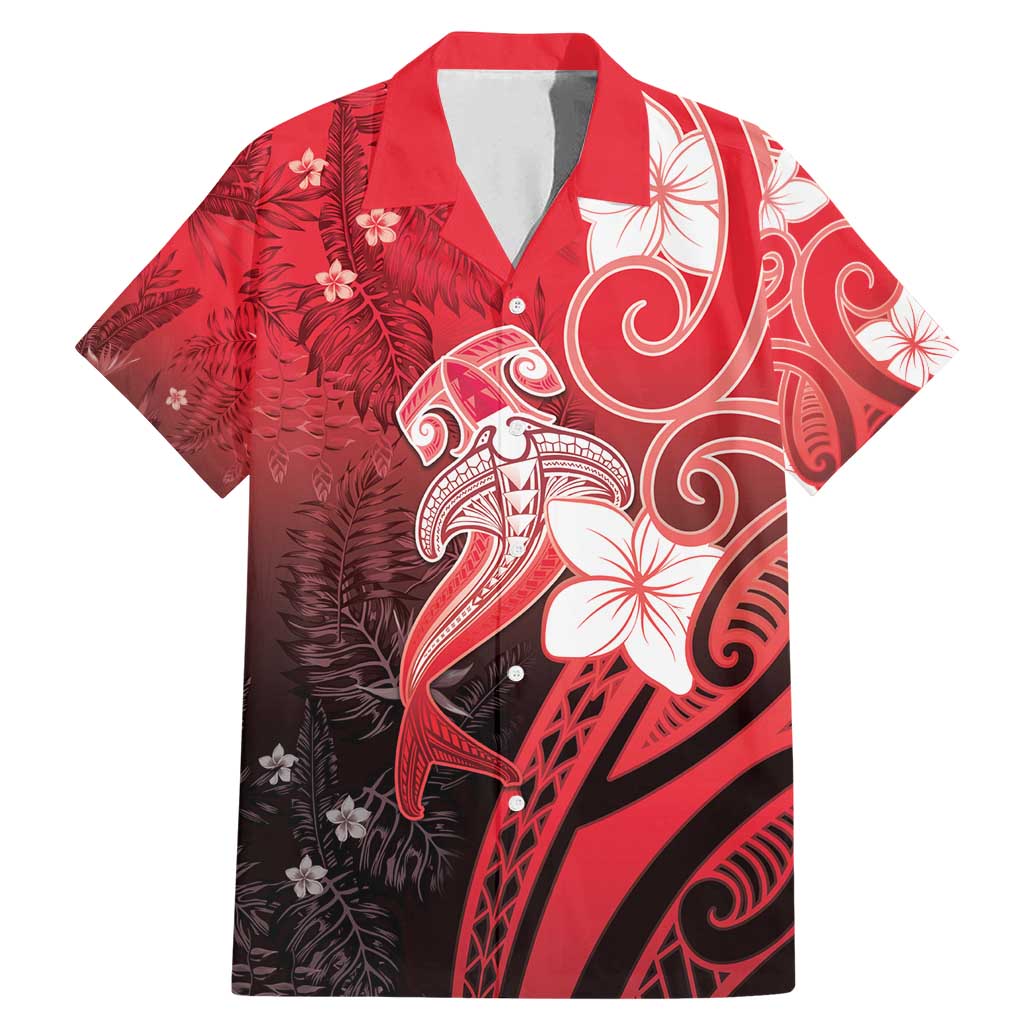 Polynesia Hammerhead Shark Family Matching Mermaid Dress and Hawaiian Shirt Red Tribal Pattern With Plumeria - Polynesian Pride