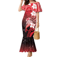 Polynesia Hammerhead Shark Family Matching Mermaid Dress and Hawaiian Shirt Red Tribal Pattern With Plumeria - Polynesian Pride