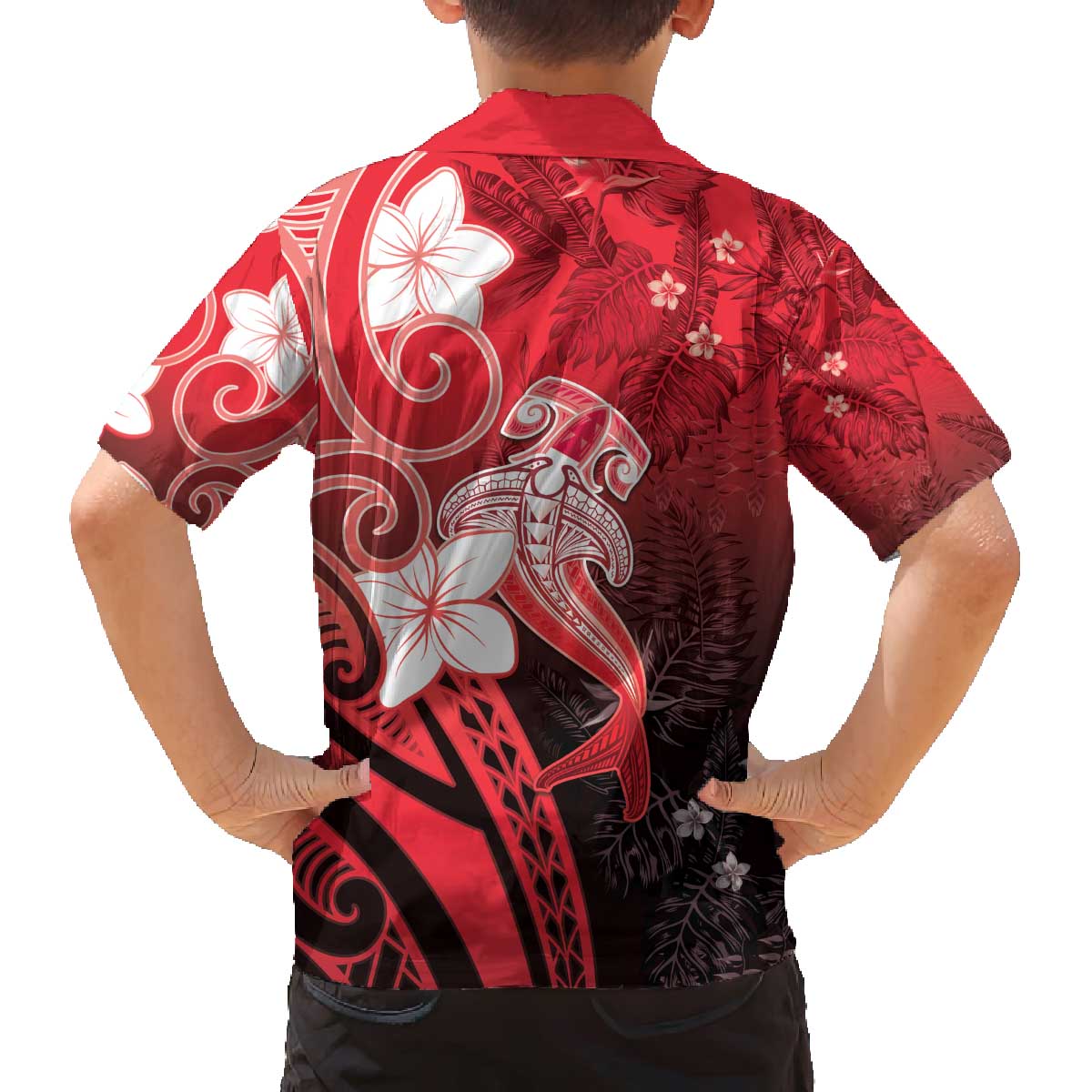 Polynesia Hammerhead Shark Family Matching Off The Shoulder Long Sleeve Dress and Hawaiian Shirt Red Tribal Pattern With Plumeria - Polynesian Pride