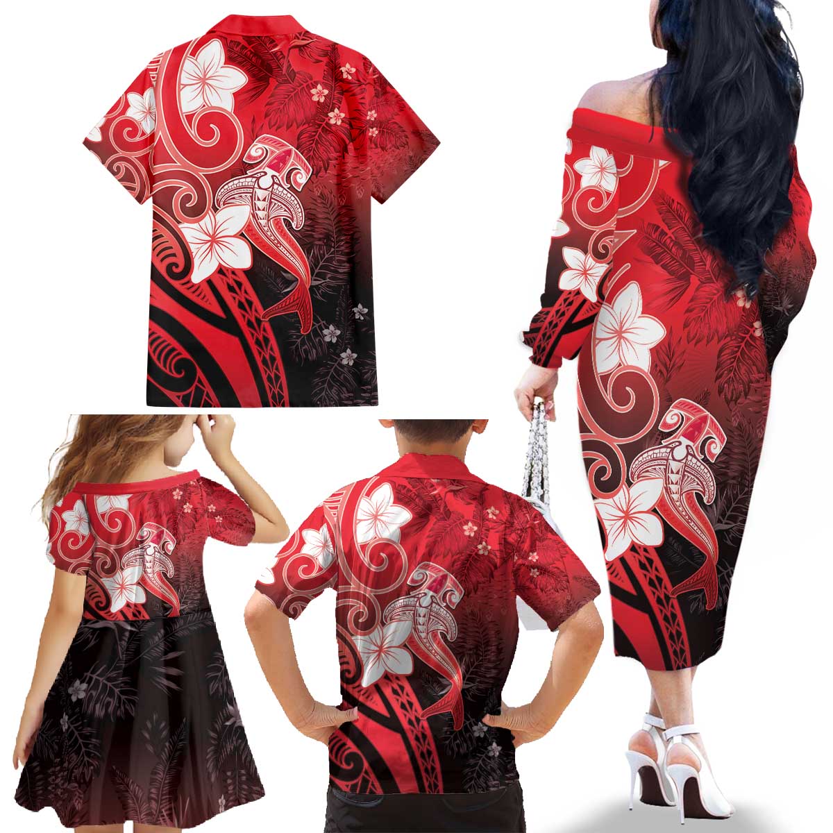 Polynesia Hammerhead Shark Family Matching Off The Shoulder Long Sleeve Dress and Hawaiian Shirt Red Tribal Pattern With Plumeria - Polynesian Pride