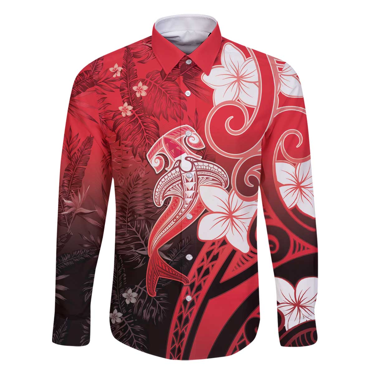 Polynesia Hammerhead Shark Family Matching Off The Shoulder Long Sleeve Dress and Hawaiian Shirt Red Tribal Pattern With Plumeria - Polynesian Pride