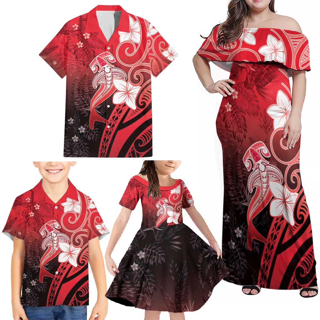 Polynesia Hammerhead Shark Family Matching Off Shoulder Maxi Dress and Hawaiian Shirt Red Tribal Pattern With Plumeria - Polynesian Pride