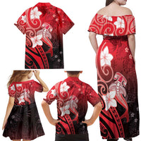 Polynesia Hammerhead Shark Family Matching Off Shoulder Maxi Dress and Hawaiian Shirt Red Tribal Pattern With Plumeria - Polynesian Pride