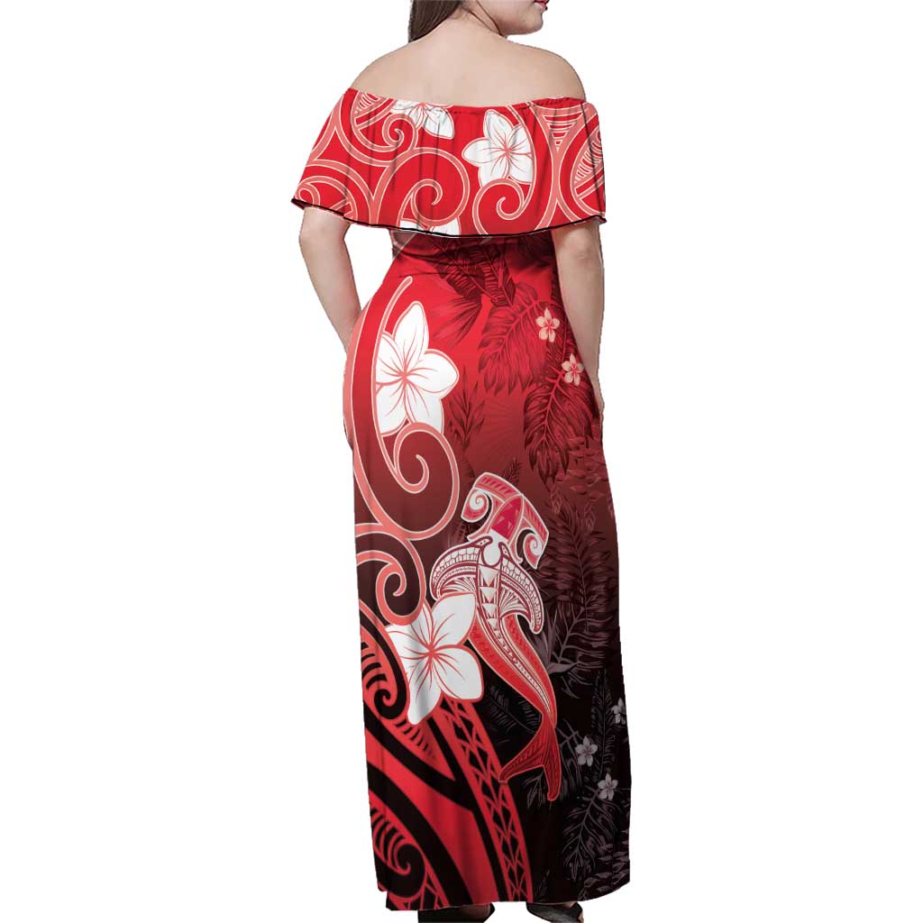 Polynesia Hammerhead Shark Family Matching Off Shoulder Maxi Dress and Hawaiian Shirt Red Tribal Pattern With Plumeria - Polynesian Pride