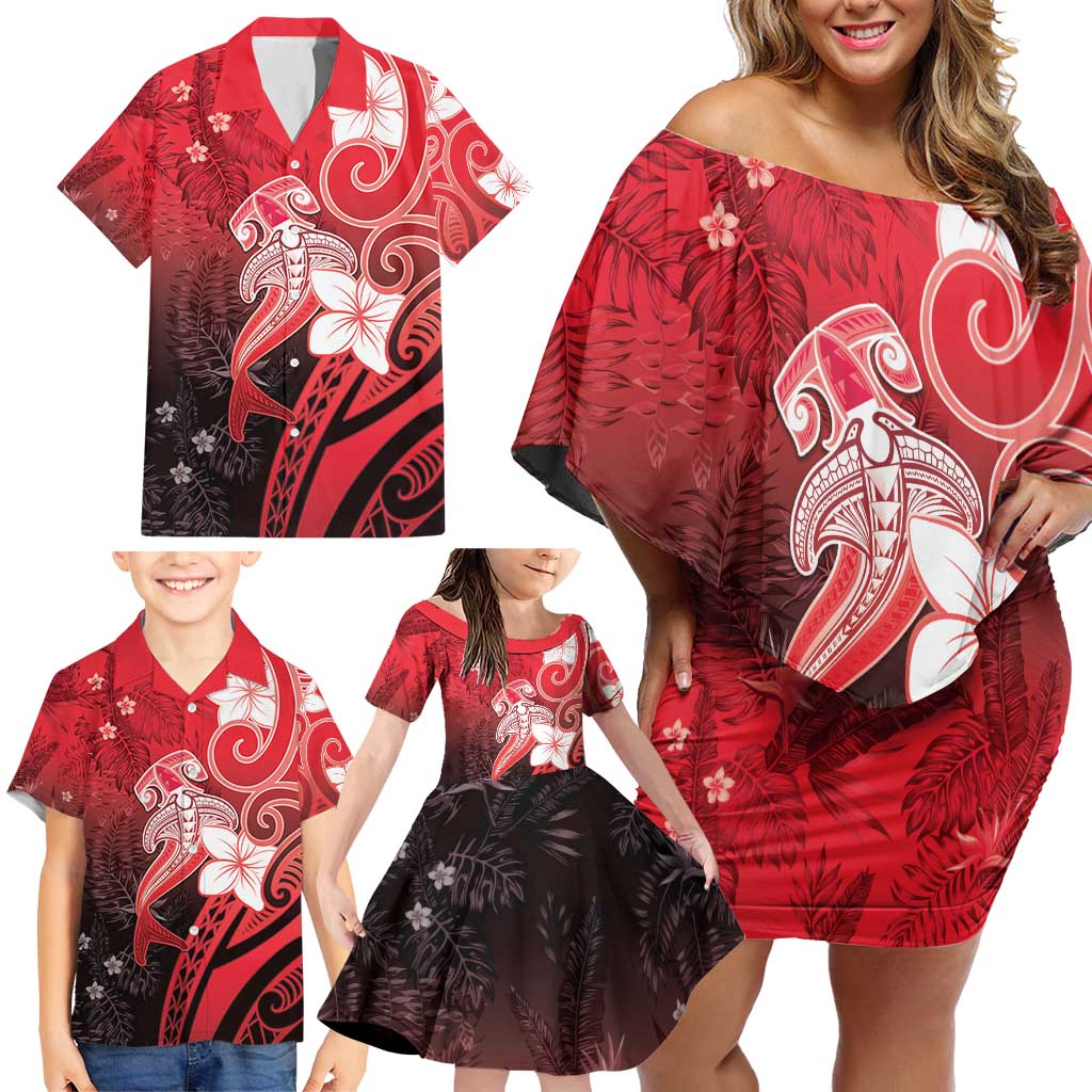 Polynesia Hammerhead Shark Family Matching Off Shoulder Short Dress and Hawaiian Shirt Red Tribal Pattern With Plumeria - Polynesian Pride