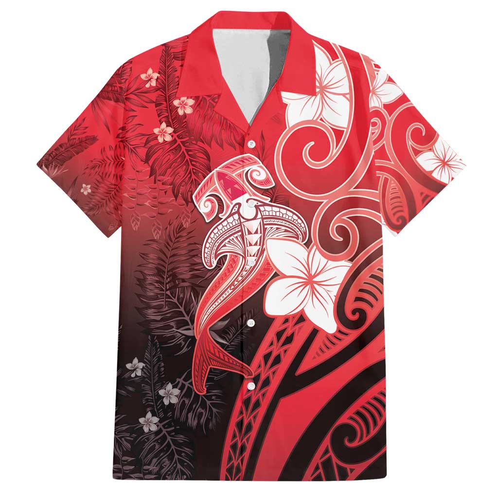 Polynesia Hammerhead Shark Family Matching Off Shoulder Short Dress and Hawaiian Shirt Red Tribal Pattern With Plumeria - Polynesian Pride